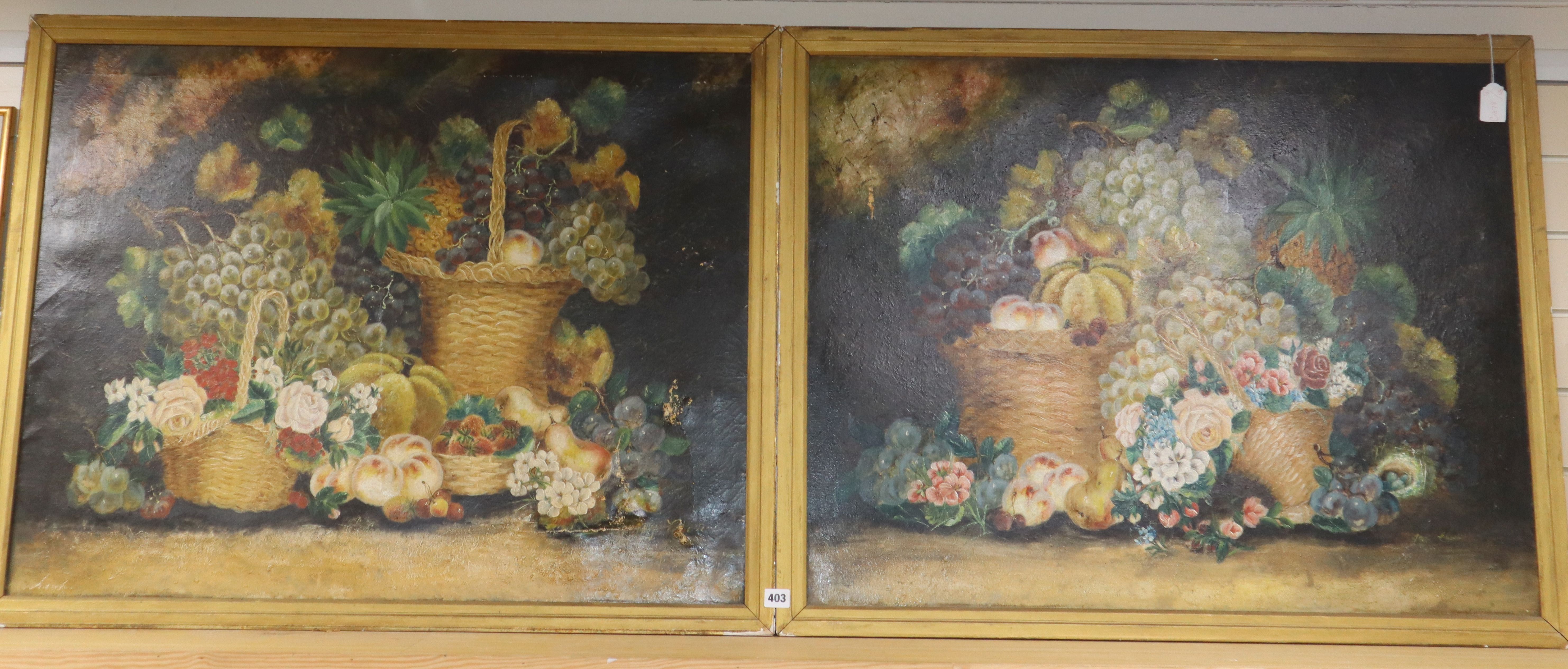 English School, pair of oils on canvas, Still lifes of fruit and flowers in basket, 70 x 90cm and