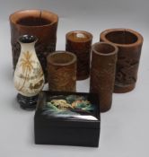 Five Chinese bamboo brush pots and two lacquer items