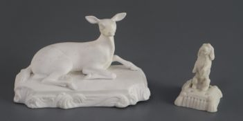 A Copeland & Garrett biscuit porcelain figure of a recumbent deer, c.1833-47, and a Copeland