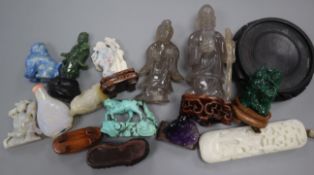 A group of Chinese hardstone figures and an opal snuff bottle