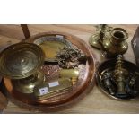 A Middle Eastern embossed copper tray, with a group of assorted Middle Eastern bronze, brass and