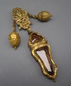 An 18th century English neo-classical gilt metal chatelaine, with cappuccino agate etui and two