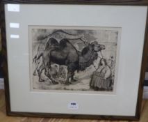 Russell Sidney Reeve (1875-1970), etching, Circus camel, giraffe and clowns, 28 x 37cm