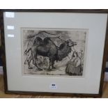 Russell Sidney Reeve (1875-1970), etching, Circus camel, giraffe and clowns, 28 x 37cm