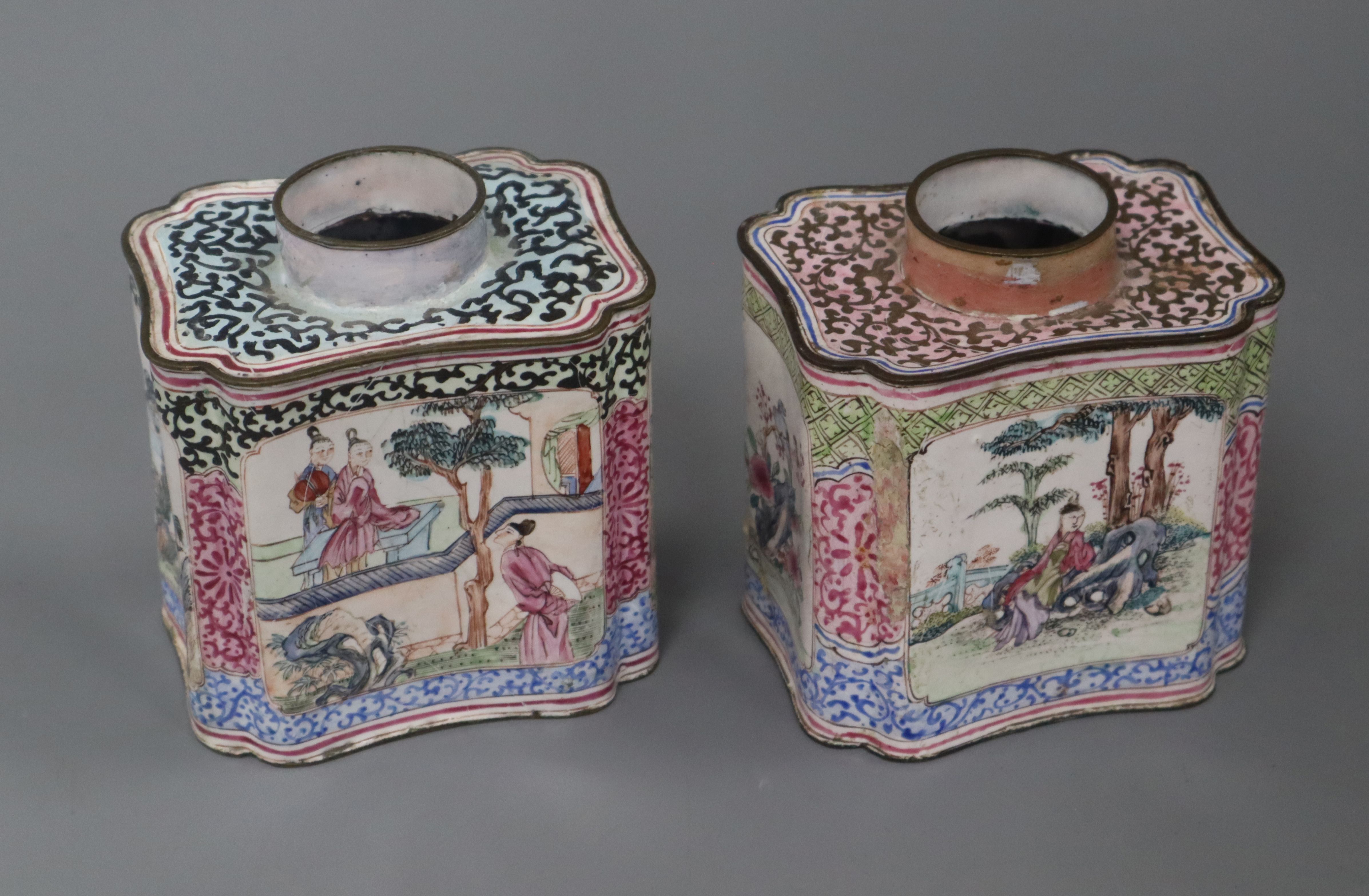 Two 18th century Canton enamel tea caddies height 10cm