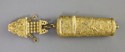 An 18th century English neo-classical gilt metal chatelaine, with etui