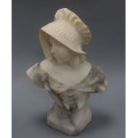 A carved alabaster bust of a young girl, signed 'Pugi', height 34cm