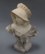 A carved alabaster bust of a young girl, signed 'Pugi', height 34cm