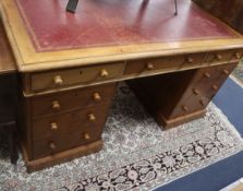 A Victorian light oak pedestal partners desk W.152cm