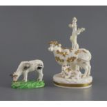 A pair of Derby porcelain figures of foxes and a similar gilt and white fox, c.1810-30 the latter