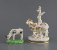 A pair of Derby porcelain figures of foxes and a similar gilt and white fox, c.1810-30 the latter