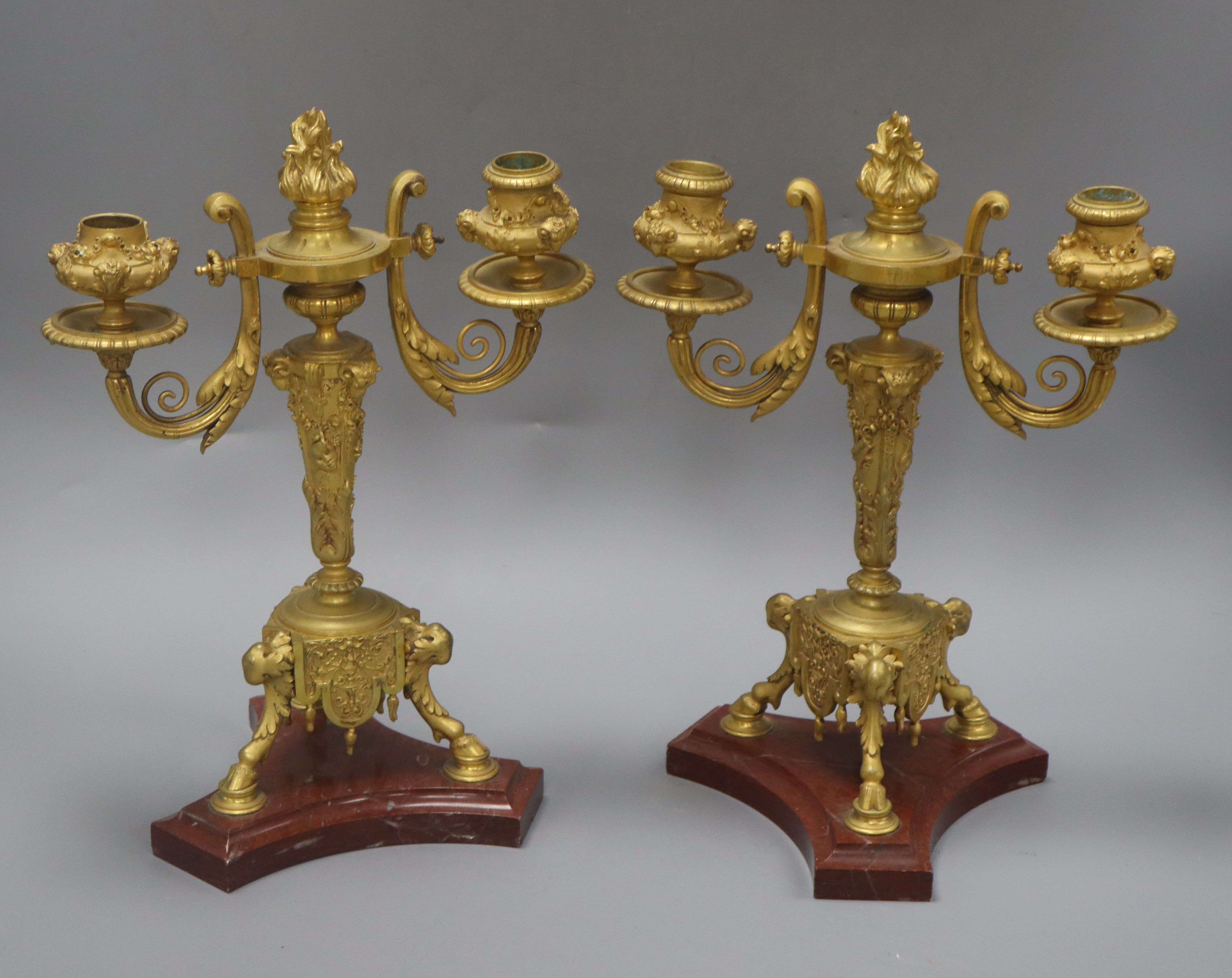 A pair of 19th century French ormolu and rouge marble two branch candelabra height 32cm - Image 2 of 2