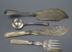 A pair of late Victorian silver fish servers, Sheffield, 1898, a William Iv silver fish slice and