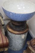 A Victorian pottery font on turned wood plinth and marble column base H.74cm