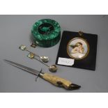 An angelic framed plaque, a hardstone box, Japanese silver spoons and a paper knife