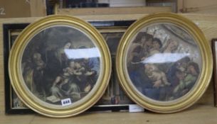 A pair of Edwardian giltwood and gesso circular picture frames, diameter 34cm and an 18th century