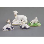 Four Chamberlain Worcester porcelain figures of recumbent deer and a sheep, c.1820-40, comprising