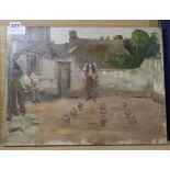 Irish School, oil on canvas, Figures playing a boule-like game, 33 x 44cm, unframed