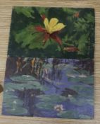 Stanley Miller, two oils on board, Studies of waterlilies, 13 x 20cm and a S.L. Moss, watercolour,