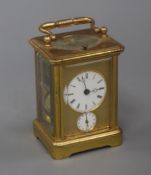 A late 19th century French ormolu hour repeating alarum carriage clock height 11cm