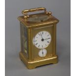 A late 19th century French ormolu hour repeating alarum carriage clock height 11cm