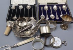 A quantity of assorted silver including two cased sets, napkin rings etc.