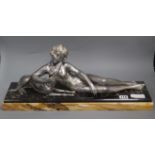 A French Art Deco silvered metal group of a girl with borzoi, after Le Bruns length 55cm