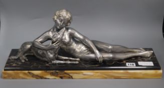 A French Art Deco silvered metal group of a girl with borzoi, after Le Bruns length 55cm