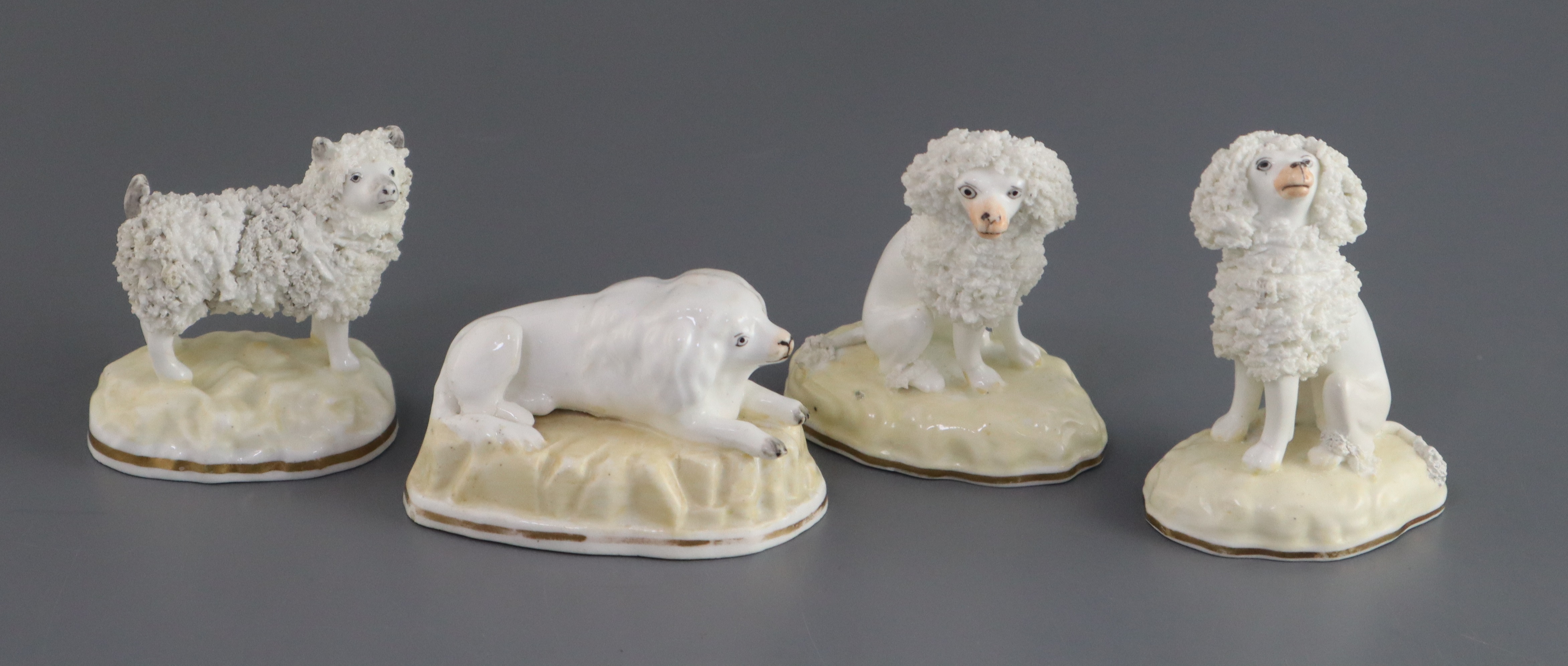Four Samuel Alcock porcelain figures of poodles, c.1835-50, each on a yellow coloured rocky base,