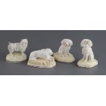 Four Samuel Alcock porcelain figures of poodles, c.1835-50, each on a yellow coloured rocky base,