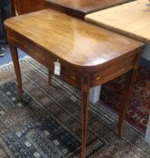 A Regency mahogany and rosewood crossbanded folding top tea table, with rounded corners, the