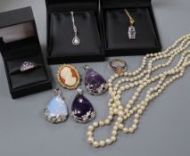 A group of assorted mainly costume jewellery including cultured pearl necklace, rings and pendants