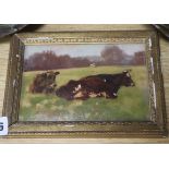 English School, oil on card, Study of cattle in a field, 11 x 16cm