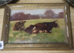 English School, oil on card, Study of cattle in a field, 11 x 16cm