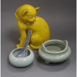 Two Chinese porcelain censers, a yellow glazed cat and a blue and white spoon warmer