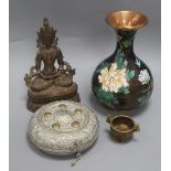 A bronze figure of Tara, a bronze censer, a cloisonne vase and a Tibetan box