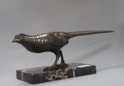 A French Art Deco bronze pheasant, on marble base length 49cm