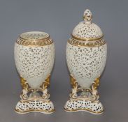 A pair of Grainger Worcester reticulated vases (one with cover) H.20cm