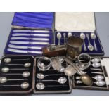 A quantity of assorted silver including boxed cutlery, wine labels, napkin rings etc.