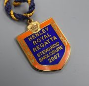 41 Henley Royal Regatta enamelled Members/Stewards' Enclosure badges, 1980's-2000's and a university