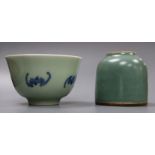 A Chinese blue and white tea bowl and a Chinese green glazed ink pot tallest 6cm