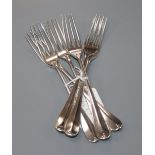 A set of six George V Irish silver Hanovarian pattern dessert forks, R & Co, Dublin, 1913, 8 oz.