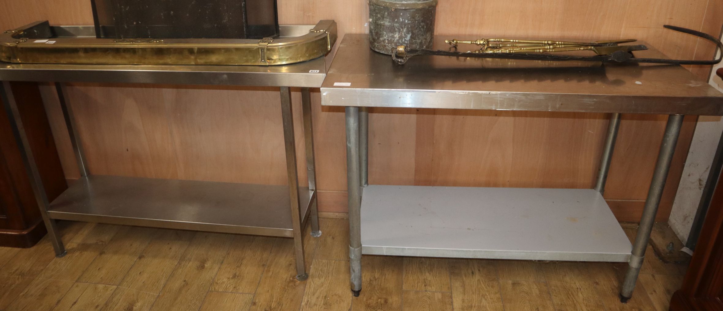 Two industrial aluminium two tier tables larger W.140cm