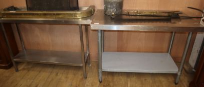 Two industrial aluminium two tier tables larger W.140cm