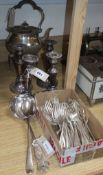 A set of four plated pillar candlesticks and a small quantity of plated items