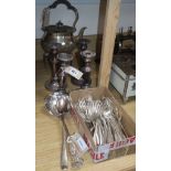 A set of four plated pillar candlesticks and a small quantity of plated items