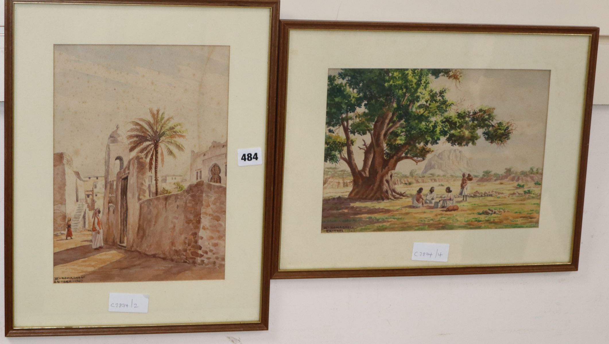 Giovanni Romagnoli, 2 watercolours, Scenes in Eritrea 1947, 22 x 30cm and 30 x 22cm