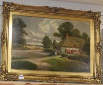 David Mead, oil on canvas board, Figure beside a thatched cottage, signed, 52 x 79cm