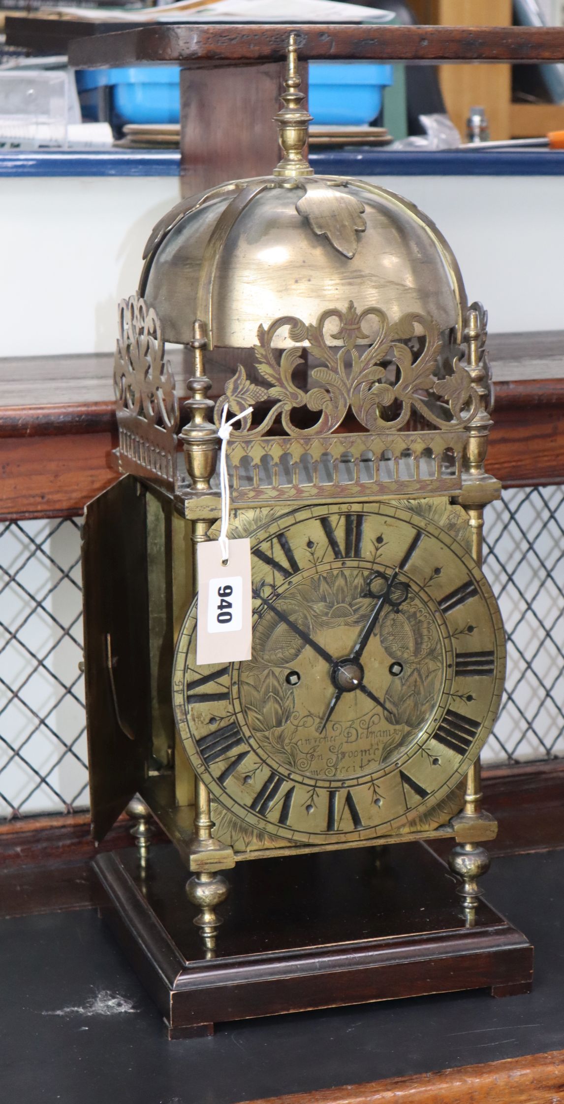 A Victorian brass twin fusee lantern, clock marked Dolman Froome H.58cm
