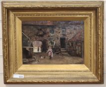 English School, oil on canvas, Woman feeding chickens in a courtyard, indistinctly signed, 24 x